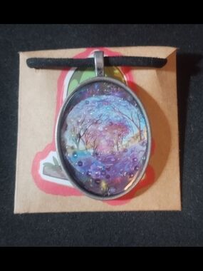 Handcrafted Purple Tree-Scene Oval Pendant Necklace